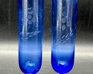 (2) Etched Cobalt Blue Crystal Vases w/ Clear Foot