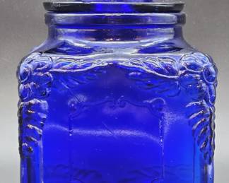 Vintage Cobalt Blue Pressed Glass Candy Jar & Lid
