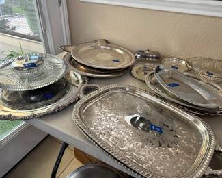 silver platters, serving dishes