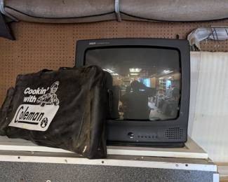 vintage, but like new coleman camping stove, old school tv