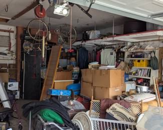the garage is so full, we will be pulling it all out and getting it tabled this week. vintage luggage, golf clubs, camping gear, office supplies, pet crates/cages, tools, walkers, vintage crutches, baby beds, etc