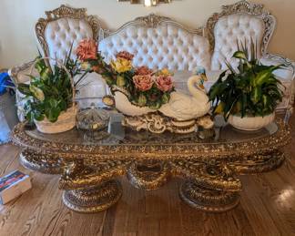 Vintage Hollywood Regency coffee table - Capodimonte Swam with Flowers Figurine. Vintage Wall Mirror.
