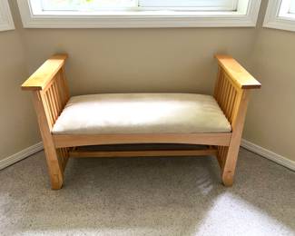 Mission-Style Upholstered Bench
Wooden bench with slatted arms and a neutral upholstered cushion. Great for entryways, bedrooms, or seating by a window.