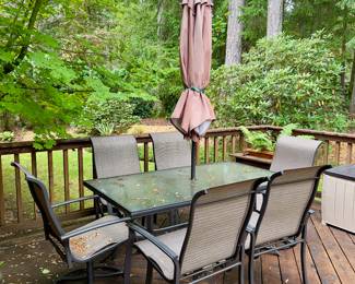 Glass-top rectangular table with umbrella hole, six matching chairs (two swivel rockers), and neutral fabric seats. Classic outdoor dining set for deck or garden.