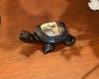 Obsidian Turtle Handcarved 2” Abalone & Quartz approx 3-4"