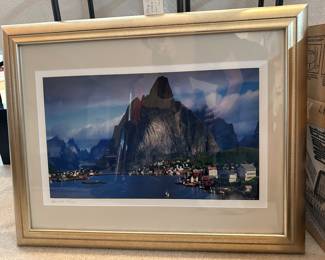 “Lofton Wall” Norway photographed by John Scanlon numbered frame print 68 of 950. Features a scenic view of the Loughton Island in Norway among dramatic mountains and a afjord. 