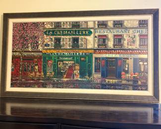 "Les Trois Cafe" by Kondakova. Serigraph on Panel. Signed in right hand corner.  Certificate of Authenticity on back. 52"X30" (Image size is 23" X 46")