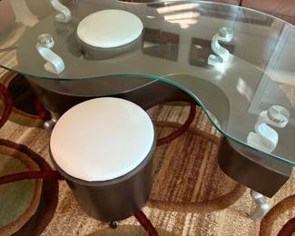 S Shape Mid Century Modern Coffee Table with 2 stools. Notice legs...we have 2 end tables also.
