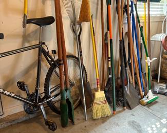Brooms, rakes, post hold digger, shovels, spades, mops etc