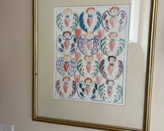 Kikerchner McConlogue 1988 signed print.  Inspired by German Scherenschnitte style of folk art.  "Angels with Hearts.