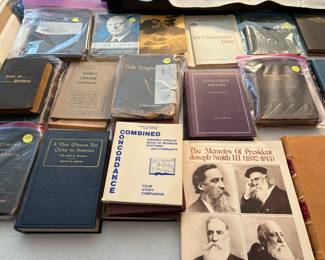 Rare books and Bibles. RLDS-Book of Mormon, Dr, covenants, science league handbook, book of Mormon Institute, outlines, memoirs of President Joseph Smith, the third,; holy scriptures, marvelous work, the instructor by CT Griffiths, infallible proofs, the evening of the sixth day, a new witness for Christ in America, Voice of morning, church members manual, book of Mormon lectures, and so many more. Plus Acacia year books from Graceland.