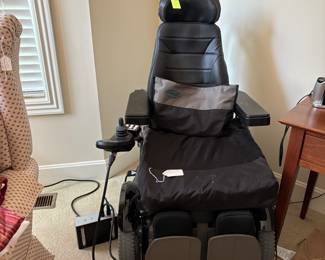 Permobile Electric Chair.  Was contructed to fit users needs.  Leans back and lifts are just a few of its features.  Has remained unused for sometime.  Like new. Talked with Mobility Assurance in Independence, Mo.  Their assessment over the phone is that could need new batteries.  Will be selling the chair as found.