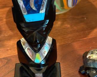 Obsidian Aztec Mayan Chief God Handcrafted /Abalone, Onyx, Lapis & Turquoise in lay. Approx 4.5"
