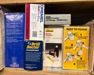 Dremel Sets, Drill Doctor Sharpener, Power Stripper, Sears 4.3 Range Multitester, Paint Sprayer
