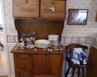 Oak kitchen cabinet, Hand carved figurines ,wood bar stools