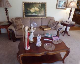 Mahogany coffee table Angel figurines, beautiful sofa , round Mahogany table