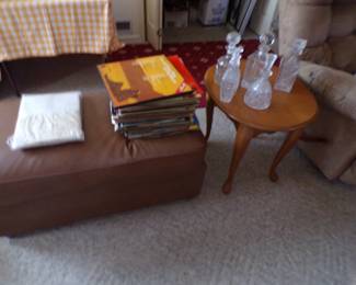 Large ottoman, lots record albums,crystal decanters