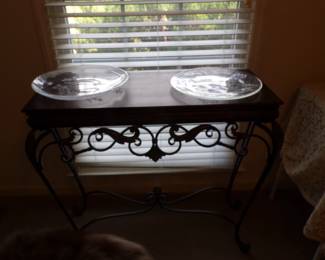 Iron & wood table, crystal platters