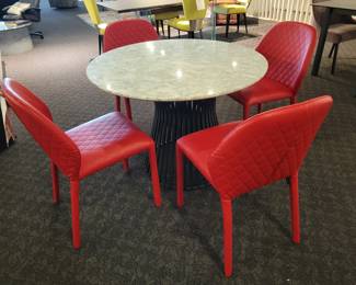4 Red Dining Chairs by Miniforms . Ceramic Top table.