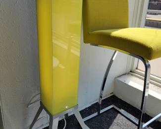 Modern Glass Panel Tower Lamp. Chrome Framed Chair.