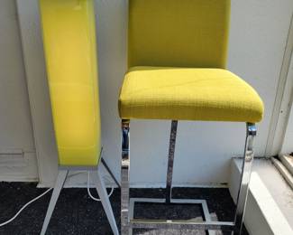 Modern Glass Panel Tower Lamp. Chrome Framed Chair.