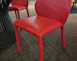4 Red Dining Chairs by Miniforms . Ceramic Top table.