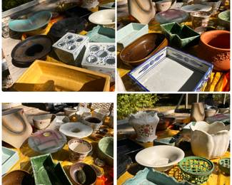 Tulip vase white vase with flowers sold
Two vases white and blue top left sold
Square base top right sold
Purple base bottom left sold
Green frog sold