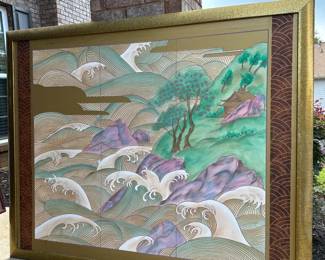 Art: Japanese Landscape, Oil on Canvas, 65" w x 53.5" h, Framed - Black blemish line on canvas