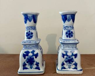 Blue White Chinoiserie Candlestick Holder Pair