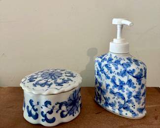 Blue White Ceramic Soap Dispenser and Vanity Jar