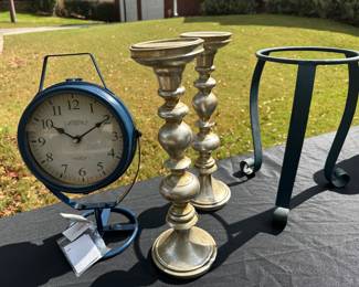 Decorative Metal Clock, Candlestick Holders Pair 