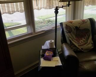 Floor lamp; leather recliner chair