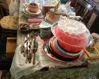 Dining table is shown with two leaves; includes two captain's chairs; two side chairs & a bench. Extensive amount of china & glassware