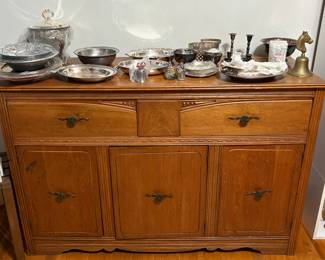 Antique Wooden Buffet / Sideboard & Collection of Vintage Silver - Plate Items 