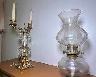 Vintage candleabra and vintage iridescent clear glass kerosene oil lamp