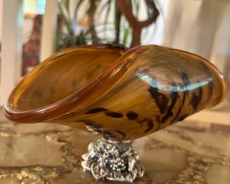 Vintage Murano-style amber glass pedestal bowl with a silverplate base