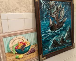 Various framed art - A Framed Still Life and a MCM Ship Painting. 