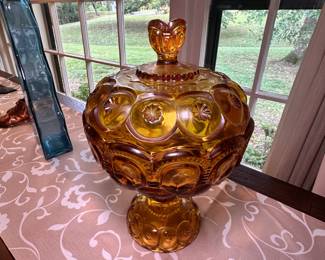 Vintage L.E. Smith "Moon and Stars" amber glass candy dish