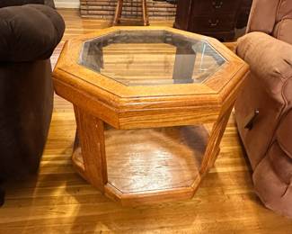 wooden octagon-shaped side table with glass center