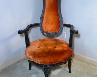 Victorian Antique Carved Wood Chair (there are two) - Beautiful Carved wood with crushed velvet orange seat and back.