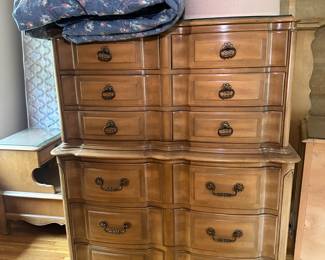 French Provincial Style Tall Boy dresser. This is part of a bedroom suite in excellent condition.