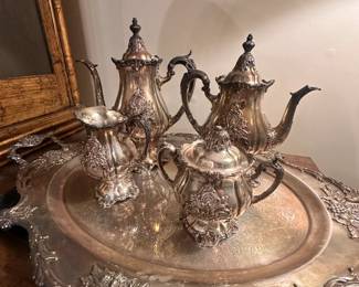 silver-plated tea and coffee service set featuring beautiful Victorian-style detailing. 