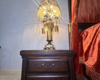 MCM Vintage Table Lamp in Gold-Ornate Metal. This one is even more gorgeous in person, and it's definitely a conversation piece! And gorgeous wooden nightstand (2 of 2)