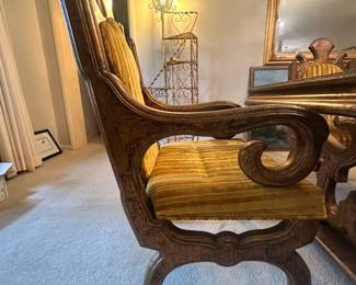 This MCM table has entertained some of the finest in the music industry. It can be made smaller (the middle glass section can be removed). It is on casters and has 6 beautiful chairs with a unique velvet pattern.