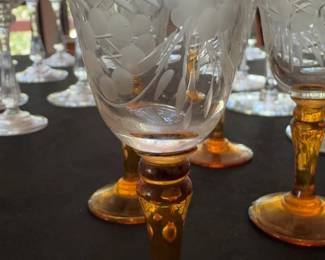 Rare Antique 1920s Dorflinger Amber Stem Etched Flowers Glasses - Set of 4