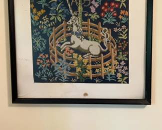 Framed Needlepoint Tapestry - Unicorn in the Garden