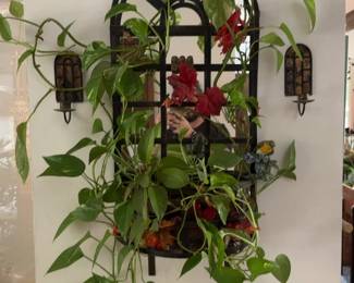 Decorative Metal Trellis with Potted Plants and Mirror (30” x 16”)