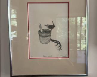 Signed Print “Ready When?” 1/50 in high quality metal frame - Bird with Bucket