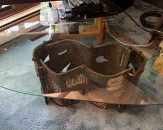 Glass Table with Metal Abstract Sculpture Base (48” x 24” x 17”)