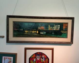 Original Vintage Cityscape Painting in Ornate Frame (18” x 44”)